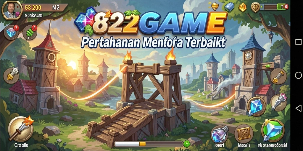 Screenshot gameplay menunjukkan pertarungan menara melawan gelombang musuh.