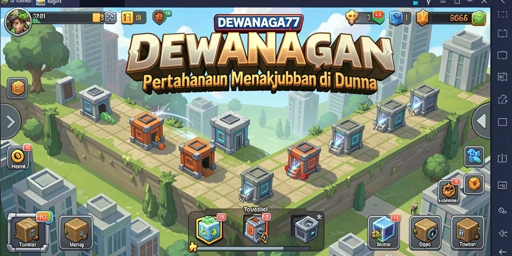 Screenshot DEWANAGA77 menampilkan pertahanan tower yang kuat dalam pertempuran.