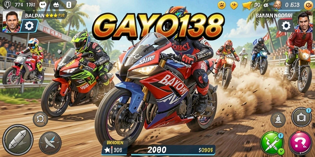Screenshot GAYO138 menampilkan aksi balapan motor yang mendebarkan.