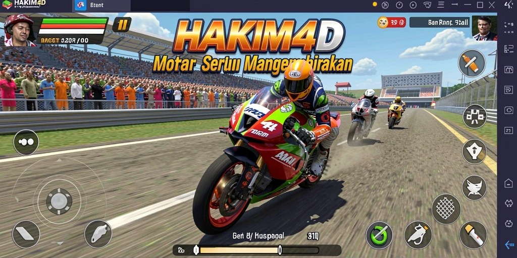 Gameplay seru HAKIM4D dengan balapan motor yang menantang.