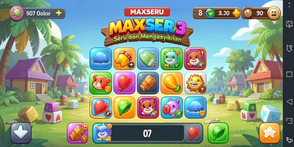Screenshot gameplay MAXSERU dengan permata berwarna-warni.