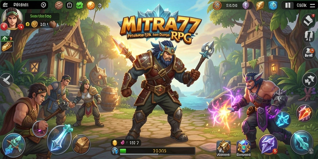 Tangkapan layar gameplay MITRA77 menampilkan pertarungan yang seru dan dunia fantasi yang luas.