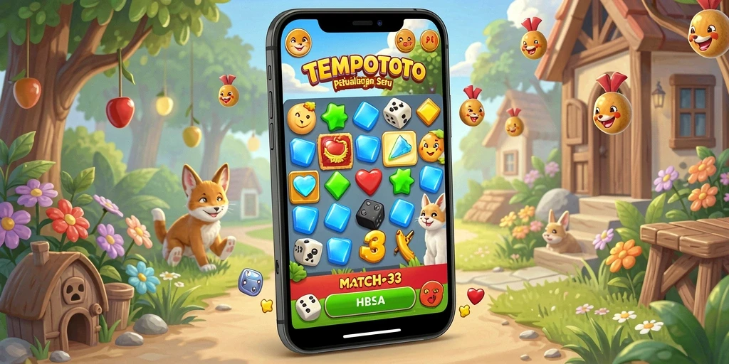 Tangkapan layar gameplay TEMPOTOTO menunjukkan serunya mencocokkan elemen Match-3.